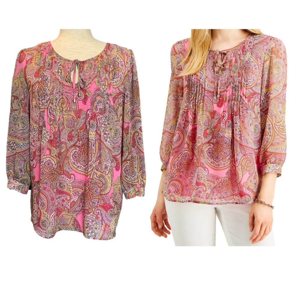 Tommy Hilfiger Pintucked Paisley Floral Print Blouson Top